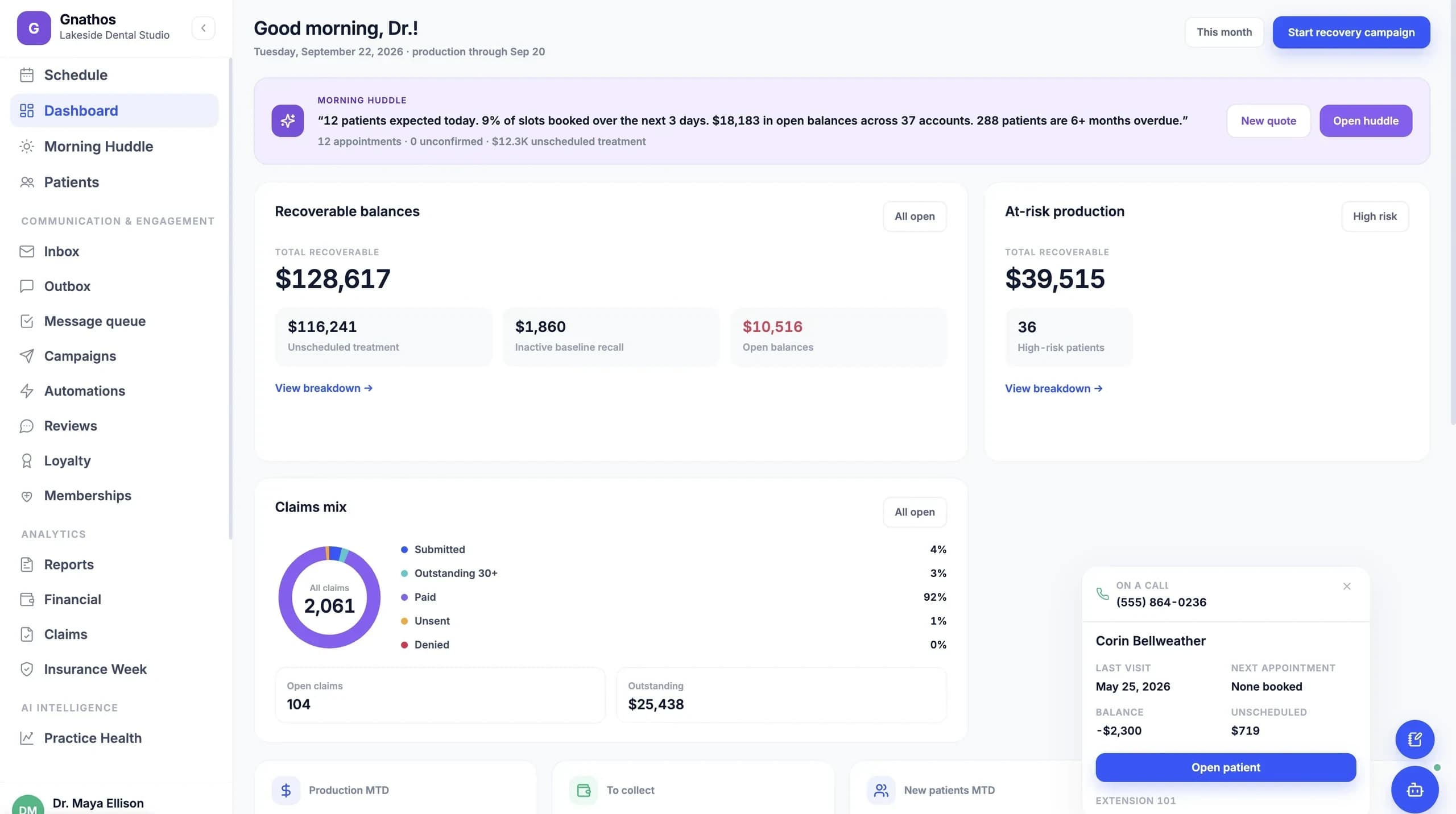 Gnathos dashboard: morning huddle, recoverable balances, at-risk production and claims mix